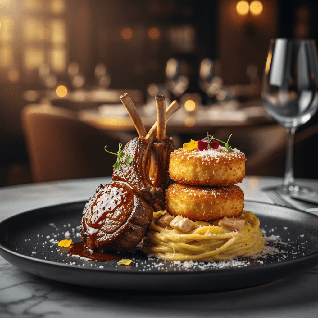 Large plates featuring Hennessy lamb chops, salmon croquettes, and creamy alfredo