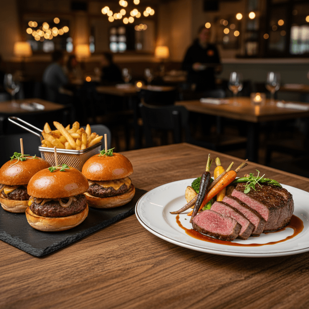 Table display showing both casual sliders and upscale steak entrees