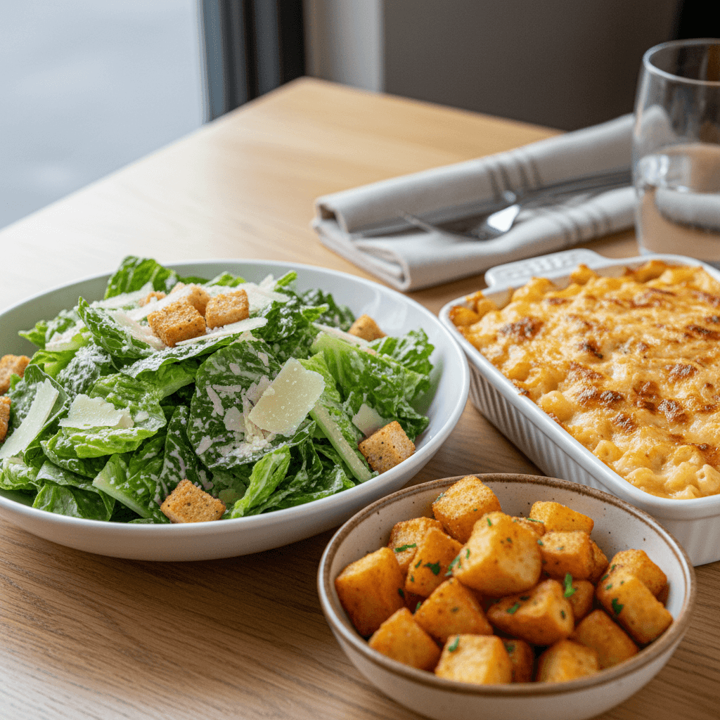 Fresh caesar salad, baked mac and cheese, and fried potatoes