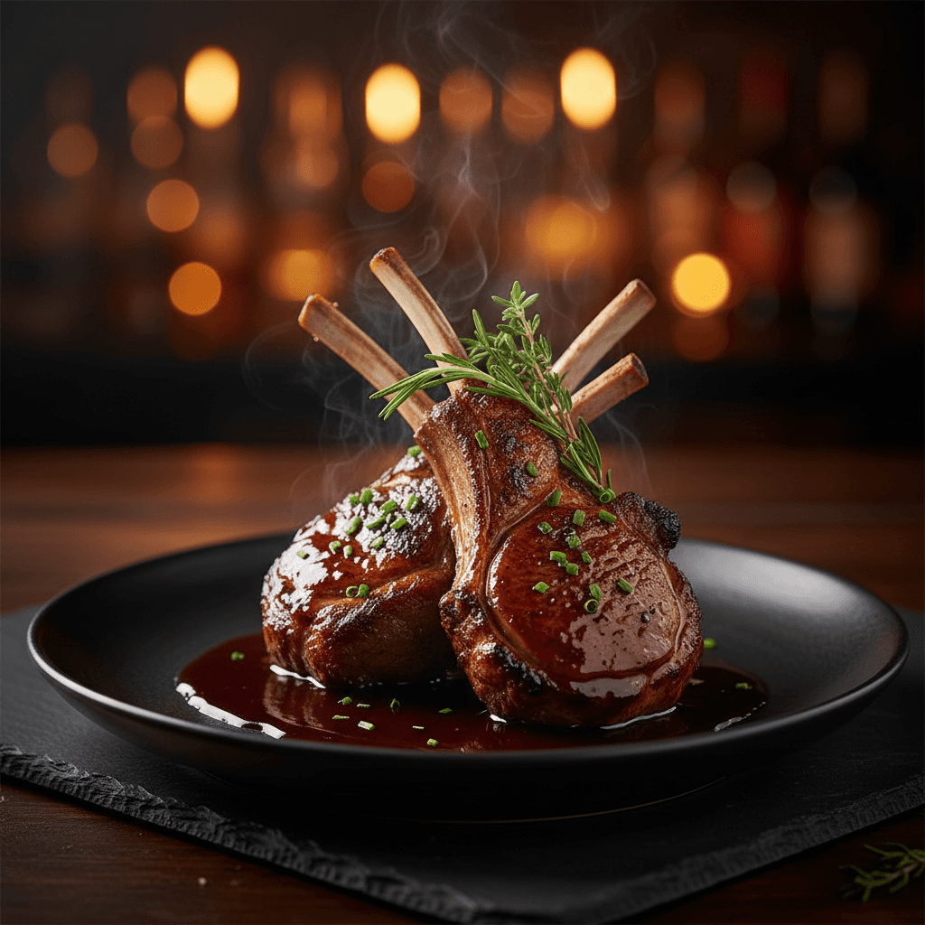 Hennessy lamb chops plated with sauce
