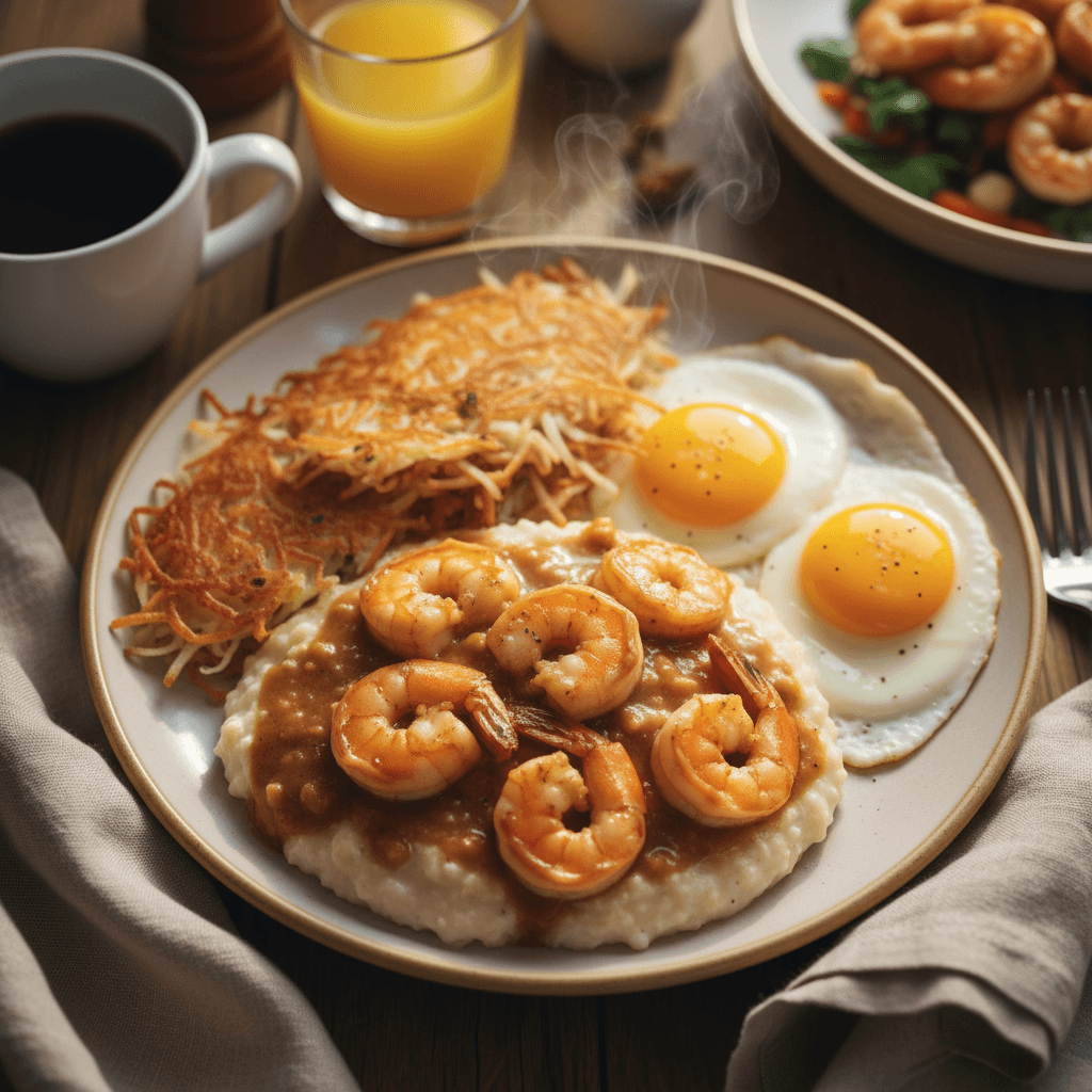 Saturday brunch plate with shrimp and grits, fresh egg, and breakfast sides