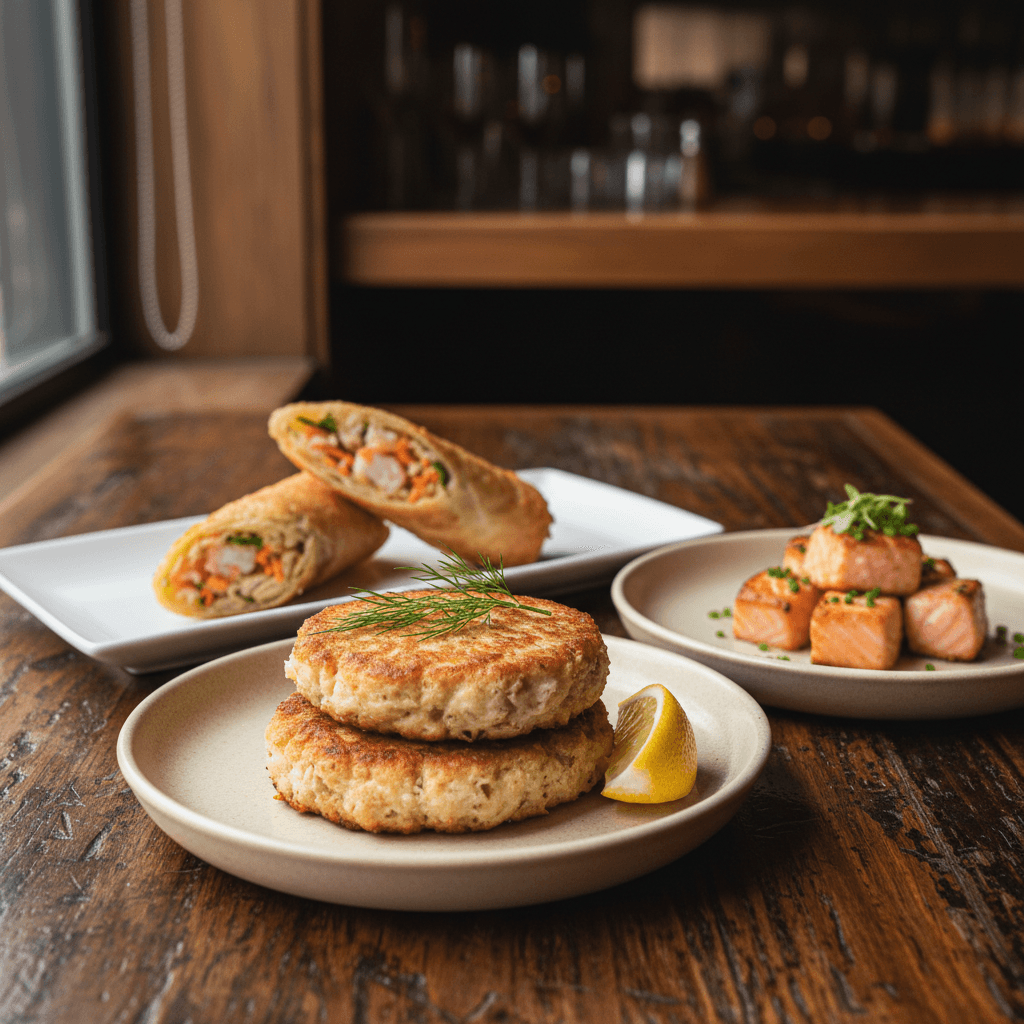 Small plates including jumbo lump crab cakes, seafood eggrolls, and salmon bites