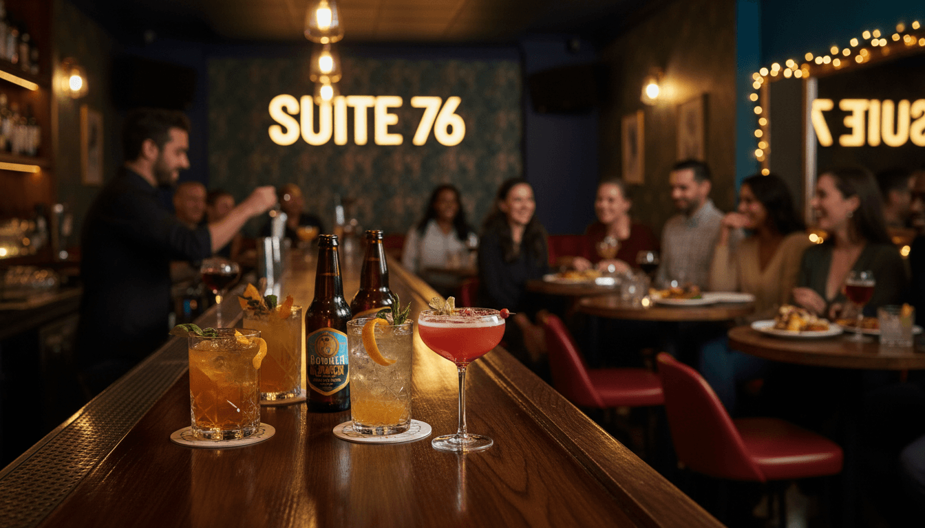 SUITE 76 bar and grill interior with craft cocktails, patrons dining, and warm ambient lighting