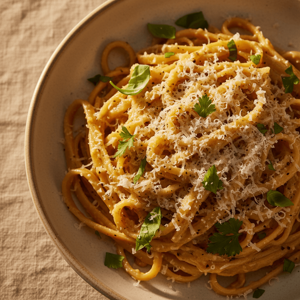 Creamy Alfredo pasta with chicken and fresh garnish