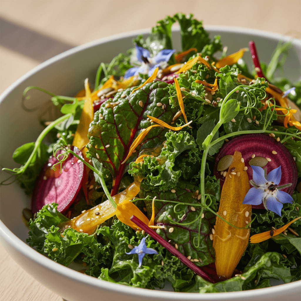 Colorful mixed green salad with fresh seasonal vegetables and light dressing