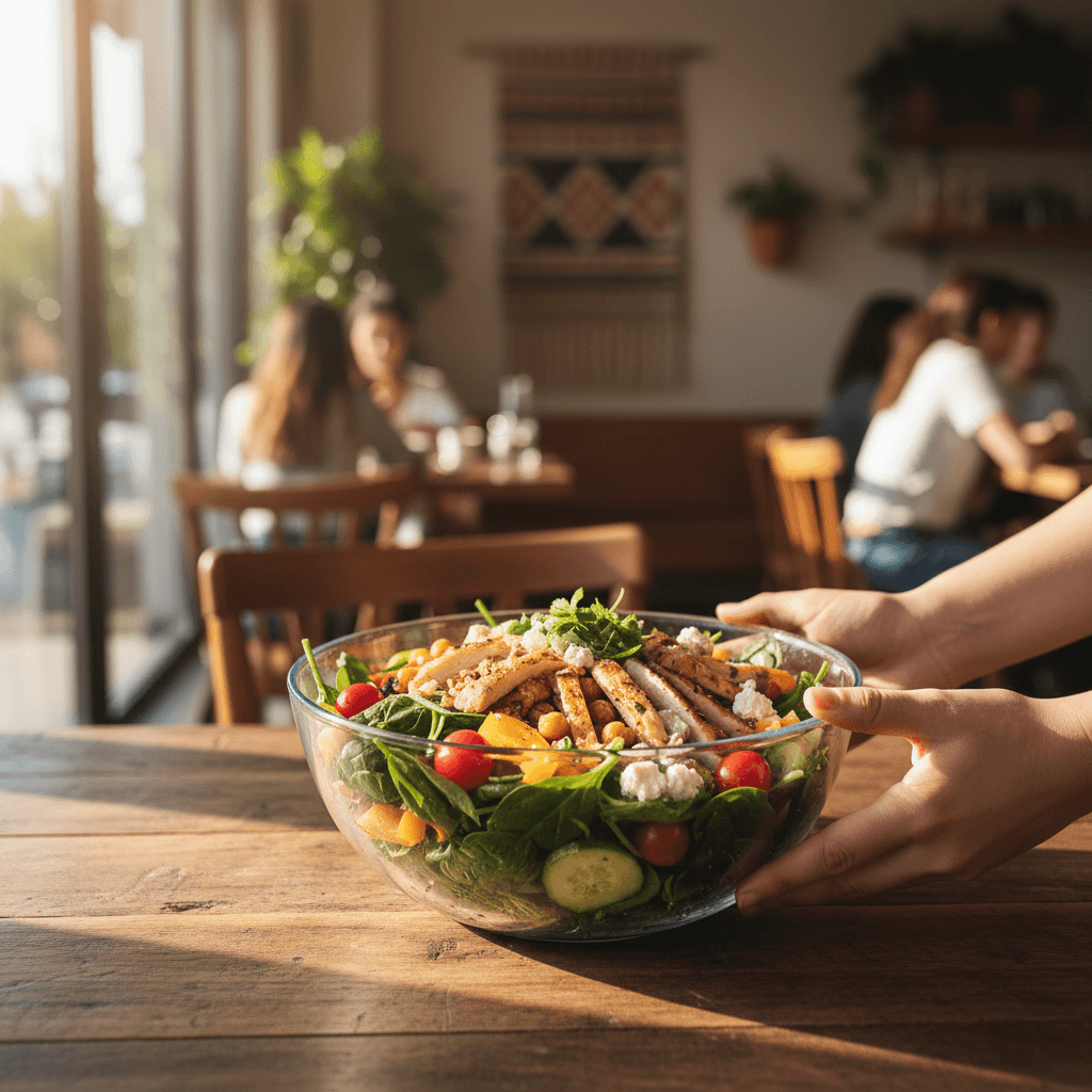 Fresh Caesar salad with romaine, croutons, and Parmesan in a white bowl