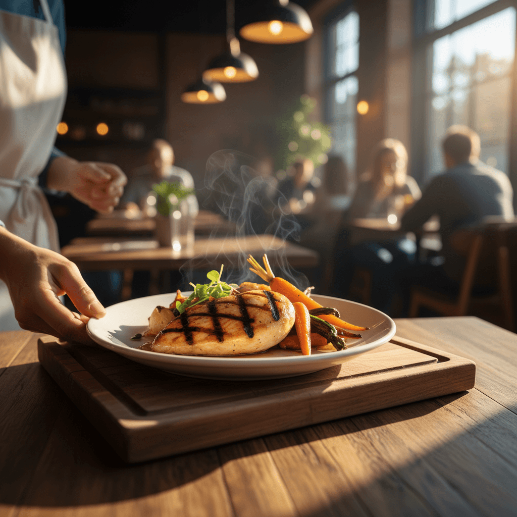 Grilled chicken being plated over fresh greens in a restaurant kitchen
