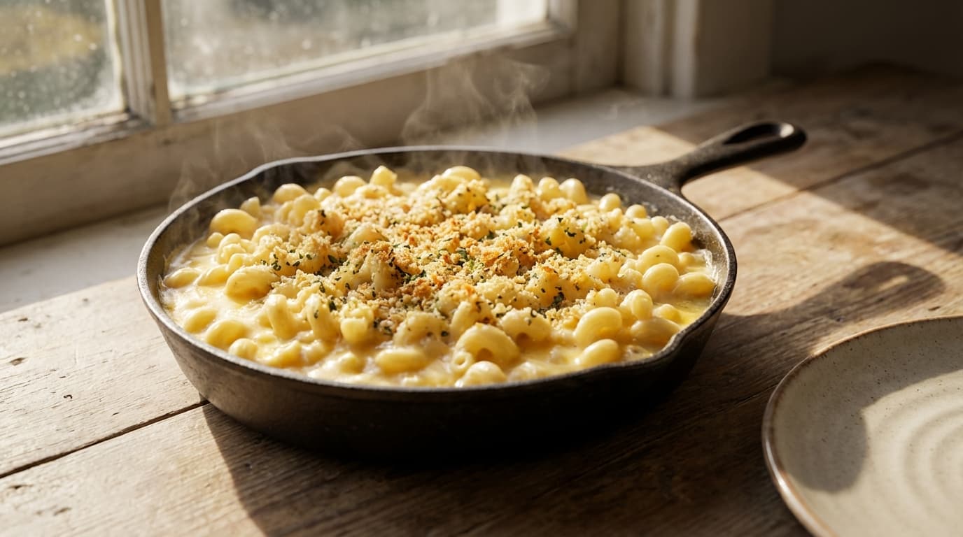 Creamy baked mac and cheese in a ceramic dish