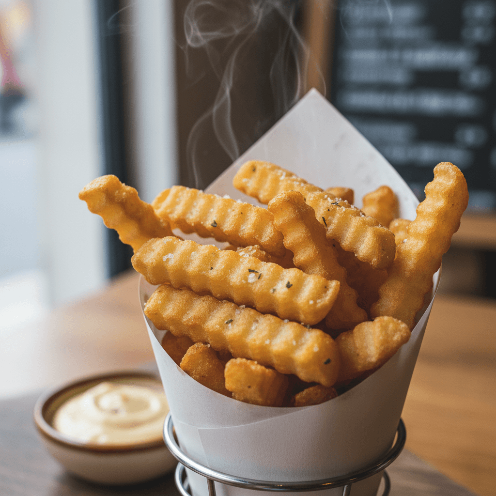 Golden fried potatoes in a classic basket
