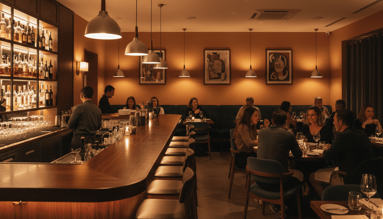 SUITE 76 bar and grill interior with warm lighting, premium liquor selection, and carefully plated food